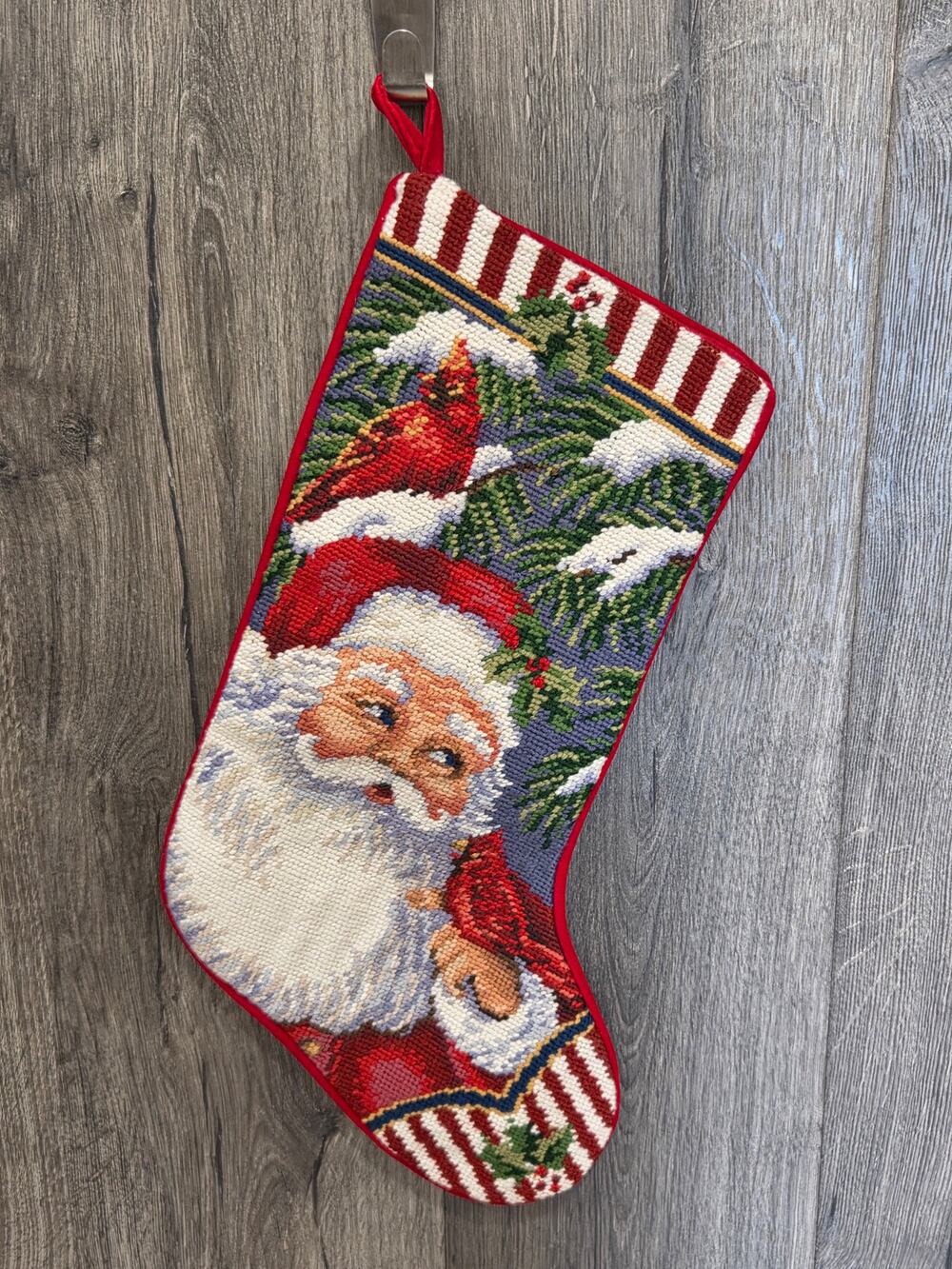 Vintage Needlepoint Christmas Stocking Santa Claus Red Velvet Backing